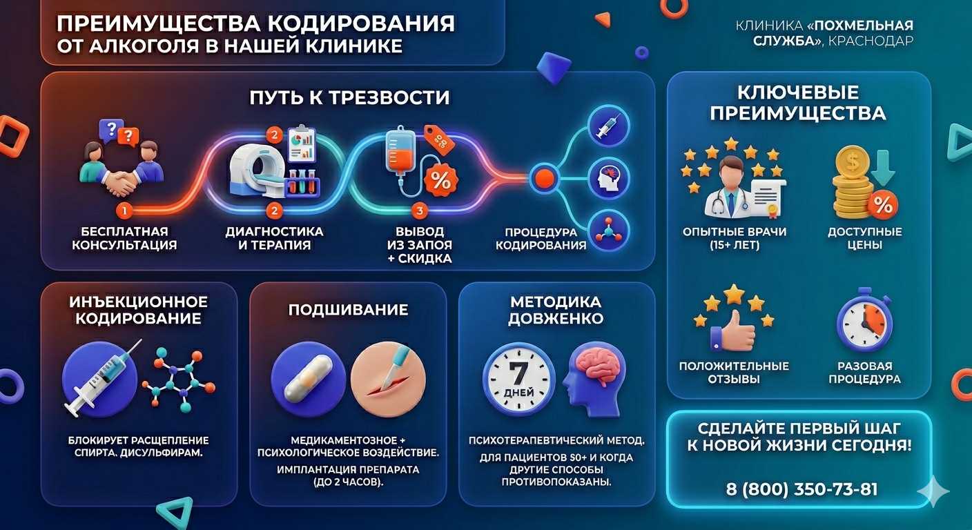 Инфографика о методах кодирования от алкоголя в Макушино: инъекции, подшивание, метод Довженко. Преимущества клиники и этапы лечения.