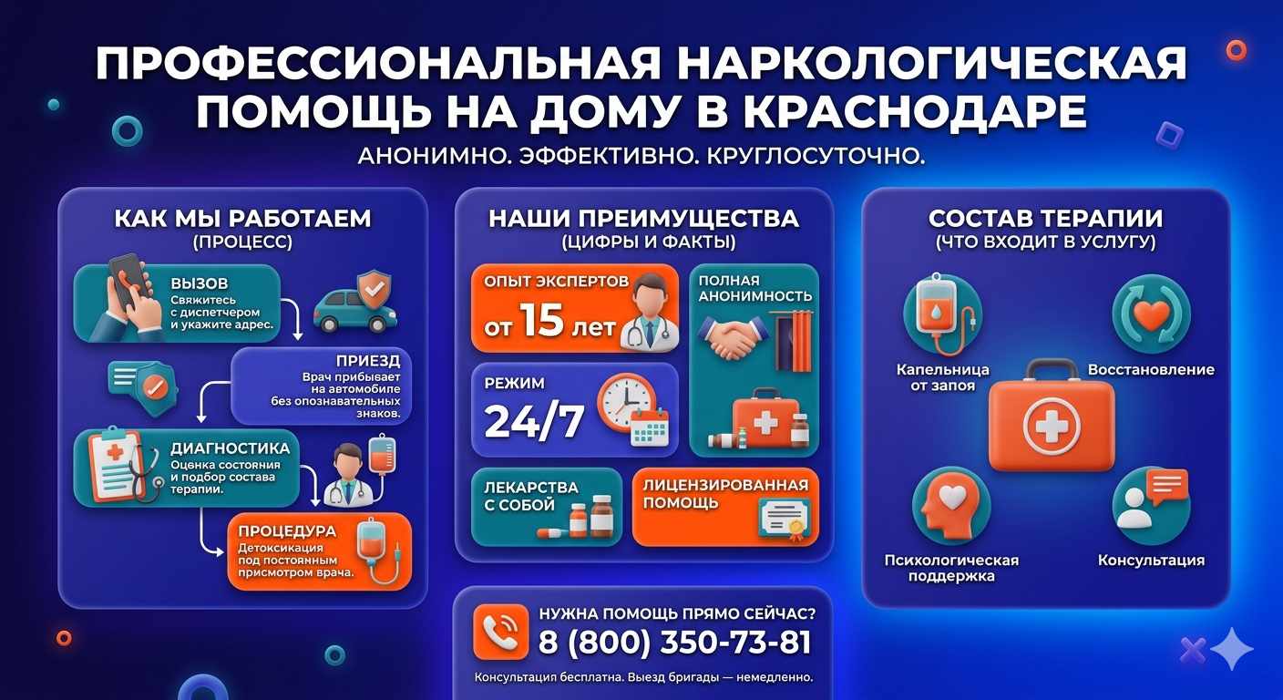 Инфографика о принципах лечения алкоголизма на дому в Макушино: этапы вызова нарколога, преимущества анонимной детоксикации и состав медицинской помощи.